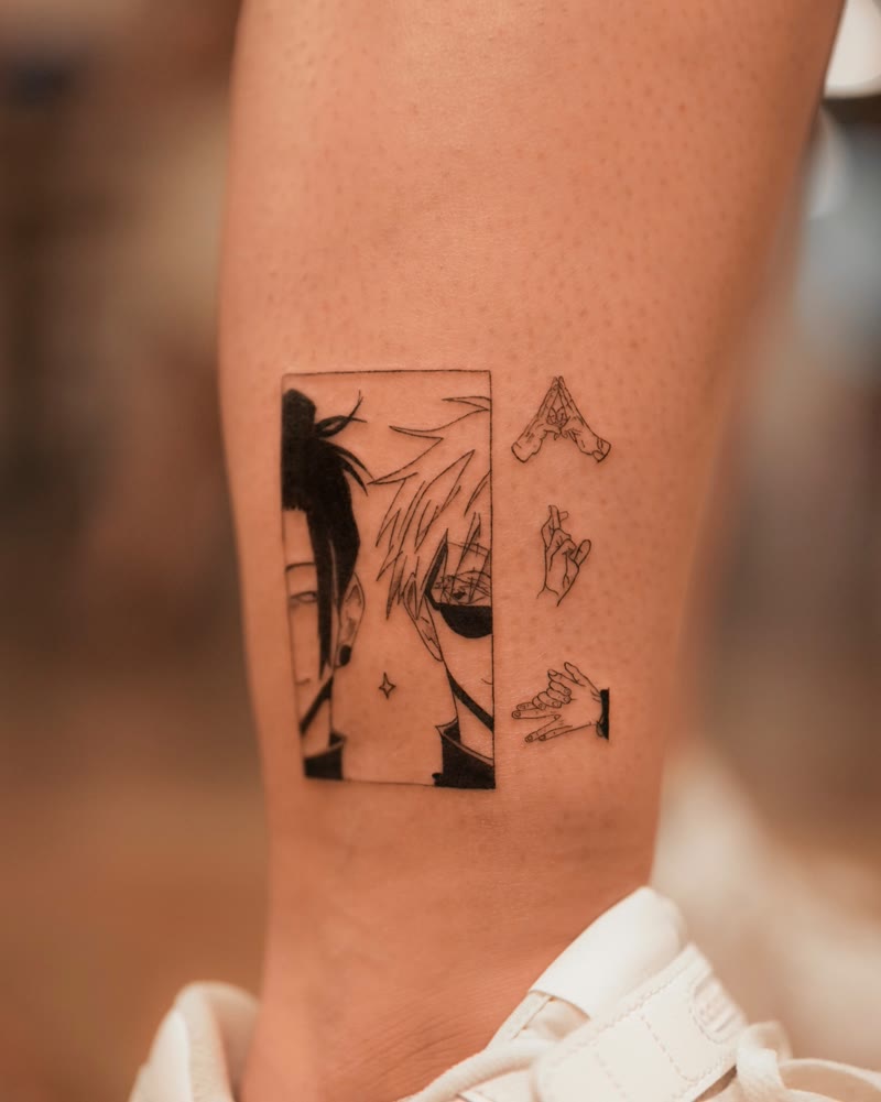 Anime character fine line tattoo