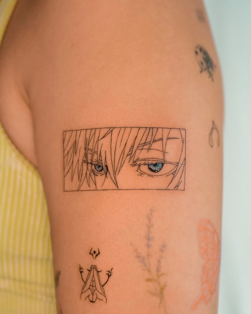 Gojo Satoru eyes anime manga panel tattoo with blue detail